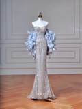 Elegant Mermaid Sweetheart Silver Gray Sequin Long Formal Prom Evening Dress Dinner Outfits Party Gowns HZ0311