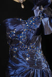 Retro Vintage 1960s Formal A line One Shoulder Fashion Navy Blue Satin With Beads Sleeveless Long Prom Dresses Party Formal Gowns HZ0311