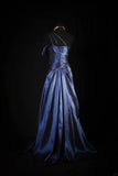 Retro Vintage 1960s Formal A line One Shoulder Fashion Navy Blue Satin With Beads Sleeveless Long Prom Dresses Party Formal Gowns HZ0311
