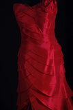 Retro Vintage 1960s Formal High Low Fashion One Shoulder Red Tiered Satin With Flower Sleeveless Long Prom Dresses Party Formal Gowns HZ0311