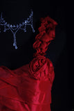 Retro Vintage 1960s Formal High Low Fashion One Shoulder Red Tiered Satin With Flower Sleeveless Long Prom Dresses Party Formal Gowns HZ0311