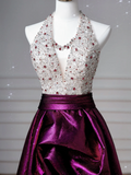 Glamour Ball Gown Halter Purple Satin Long Prom Dresses Party Dress 20th Birthday Outfits Prom Gowns HZ0311