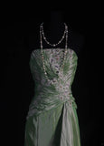 Vintage 50s 1950s Formal Mermaid Strapless Green Taffeta Pleated With Lace Appliques Sleeveless Long Prom Dresses Party Formal Gowns HZ0311