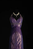 Vintage 50s 1950s Formal Mermaid Halter Purple Tiered Taffeta Pleated With Beads Sleeveless Long Prom Dresses Party Formal Gowns HZ0311