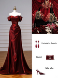 Classy Mermaid Off The Shoulder Burgundy Satin Long Formal Prom Dresses Dance Night Outfits Party Gowns HZ0311
