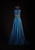Retro Vintage 1960s Formal A line Halter Blue Fashion With Beads Long Prom Dresses Party Formal Gowns HZ0311