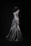 Vintage 50s 1950s Formal Mermaid One Shoulder Grey Tiered Taffeta Pleated With Beads Sleeveless Long Prom Dresses Party Formal Gowns HZ0311