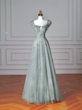 Elegant A line Square Neck Green Tulle Long Formal Prom Evening Dresses Dinner Outfits Party Gowns HZ0311