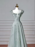 Elegant A line Square Neck Green Tulle Long Formal Prom Evening Dresses Dinner Outfits Party Gowns HZ0311