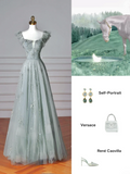 Elegant A line Square Neck Green Tulle Long Formal Prom Evening Dresses Dinner Outfits Party Gowns HZ0311