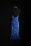 Retro 50s 1950s Formal Sheath Spaghetti Strap Royal Blue With Gem Beads Sleeveless Mid Length Prom Dresses Party Formal Gowns HZ0311