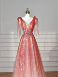 Elegant A Line V Neck Tulle Long Formal Prom Dresses Dance Night Outfits Evening Party Gowns HZ0311