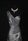 Vintage 50s 1950s Formal Mermaid One Shoulder Grey Tiered Pleated With Beads Style Impress Long Prom Dresses Party Formal Gowns HZ0311
