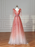 Elegant A Line V Neck Tulle Long Formal Prom Dresses Dance Night Outfits Evening Party Gowns HZ0311
