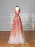Elegant A Line V Neck Tulle Long Formal Prom Dresses Dance Night Outfits Evening Party Gowns HZ0311
