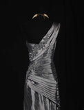 Vintage 50s 1950s Formal Mermaid One Shoulder Grey Tiered Pleated With Beads Style Impress Long Prom Dresses Party Formal Gowns HZ0311
