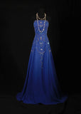 Retro 70s 1960s Formal A Line Strapless Royal Blue With Gem Beads Chiffon Sleeveless Long Prom Dresses Party Formal Gowns HZ0311