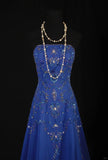 Retro 70s 1960s Formal A Line Strapless Royal Blue With Gem Beads Chiffon Sleeveless Long Prom Dresses Party Formal Gowns HZ0311