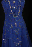 Retro 70s 1960s Formal A Line Strapless Royal Blue With Gem Beads Chiffon Sleeveless Long Prom Dresses Party Formal Gowns HZ0311