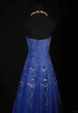 Retro 70s 1960s Formal A Line Strapless Royal Blue With Gem Beads Chiffon Sleeveless Long Prom Dresses Party Formal Gowns HZ0311