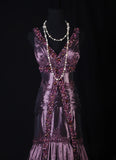 Retro Vintage 1960s Formal Mermaid V Neck Purple With Beads Long Prom Dresses Party Formal Gowns HZ0311