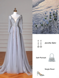 Elegant A Line V Neck Silver Gray Tulle Long Formal Prom Dresses Dance Night Outfits Evening Party Gowns HZ0311