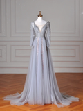 Elegant A Line V Neck Silver Gray Tulle Long Formal Prom Dresses Dance Night Outfits Evening Party Gowns HZ0311