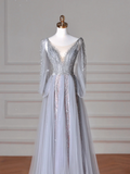 Elegant A Line V Neck Silver Gray Tulle Long Formal Prom Dresses Dance Night Outfits Evening Party Gowns HZ0311