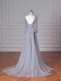 Elegant A Line V Neck Silver Gray Tulle Long Formal Prom Dresses Dance Night Outfits Evening Party Gowns HZ0311