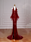 Glitter Mermaid Halter Burgundy With Sequins Long Formal Prom Dresses Dance Night Outfits Evening Birthday Outfit HZ0311