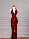 Glitter Mermaid Halter Burgundy With Sequins Long Formal Prom Dresses Dance Night Outfits Evening Birthday Outfit HZ0311