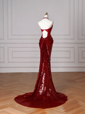 Glitter Mermaid Halter Burgundy With Sequins Long Formal Prom Dresses Dance Night Outfits Evening Birthday Outfit HZ0311