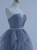 Charming Ball Gown Strapless Dusty Blue Tulle Long Prom Dresses Impress 18th Birthday Outfits Prom Gown HZ0311