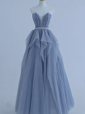 Charming Ball Gown Strapless Dusty Blue Tulle Long Prom Dresses Impress 18th Birthday Outfits Prom Gown HZ0311