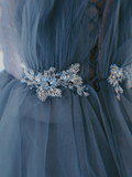 Gorgeous Dusty Blue Sparkly Tulle Beaded Prom Dress Tiered Formal Gown With Rhinestone Party Gowns HZ0311