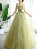 Simple Ball Gown Strapless Sage Green Tulle Long Formal Prom Dresses Dance Night Outfits Evening Birthday Outfit HZ0311