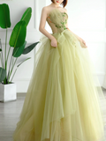 Simple Ball Gown Strapless Sage Green Tulle Long Formal Prom Dresses Dance Night Outfits Evening Birthday Outfit HZ0311