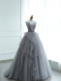 Chic Ball Gown Strapless Silver Gray Tulle Long Formal Prom Dresses Dance Night Outfits Evening 18th Birthday Outfit HZ0311