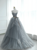 Chic Ball Gown Strapless Silver Gray Tulle Long Formal Prom Dresses Dance Night Outfits Evening 18th Birthday Outfit HZ0311