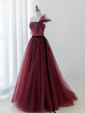 Elegant Ball Gown Strapless Burgundy Tulle Long Formal Prom Dresses Dance Night Outfits Evening 18th Birthday Outfit HZ0311