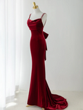 Sexy Mermaid Spaghetti Straps Dark Burgundy Velvet Prom Dress Fashion Aesthetic For Teens Formal Dresses Party Outfits Prom Gown HZ0311