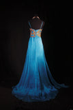 Chic A line Spaghetti Straps Chiffon Blue With Gold Beads Sequins Long Formal Fancy Prom Dresses Dinner Outfits Party Gowns For Teens HZ0311
