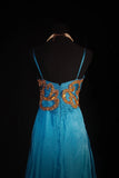 Chic A line Spaghetti Straps Chiffon Blue With Gold Beads Sequins Long Formal Fancy Prom Dresses Dinner Outfits Party Gowns For Teens HZ0311