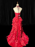 A line Strapless Sleeveless Hot Pink Floral Lace With Tiered Tiered Long Formal Fancy Evening Dresses Dinner Outfits Classy Party Gowns HZ0311