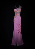 Modest Mermaid One Shoulder Pink Chiffon Prom Dress Long Party Gowns Evening Dresses HZ0311