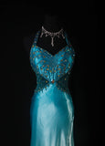 Vintage Mermaid Halter Blue Satin With Beads Long Formal Fancy Prom Dresses Night Outfits Party Gowns For Teens HZ0311