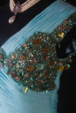 Modest Mermaid One Shoulder Blue Chiffon Prom Dress With Beaded Long Party Gowns Evening Dresses HZ0311