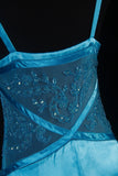 Vintage 50s Mermaid Spaghetti Straps Blue Satin Prom Dress Long Party Gowns Evening Dresses HZ0311