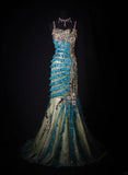 Vintage 60s Mermaid Spaghetti Straps Blue Tulle With Beads Long Formal Fancy Prom Dresses Night Outfits Party Gowns HZ0311
