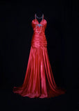 Vintage 80s Mermaid Halter Red Satin Prom Dress Long Party Gowns Evening Dresses HZ0311